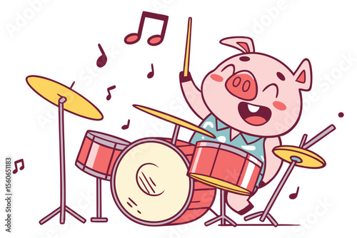 Vector cute Pig cartoon character, playing a drum set, energetic and enthusiastic expression, musical notes flying, isolated on white background