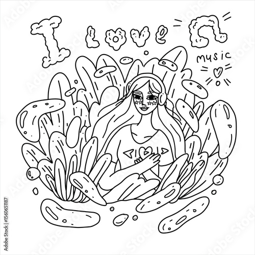 Modern flat portrait of a relaxed woman listening to music in sketch style. Surrounded by flowers and nature, the image conveys tranquility, emotion and summer peace.