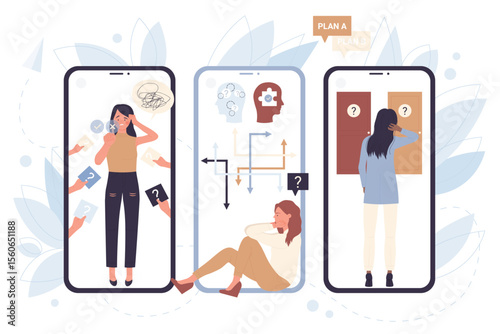 People choose door right, decide difficult business tasks on screens of mobile phones vector illustration. Cartoon lost confused persons with questions consider problem, choosing future strategy