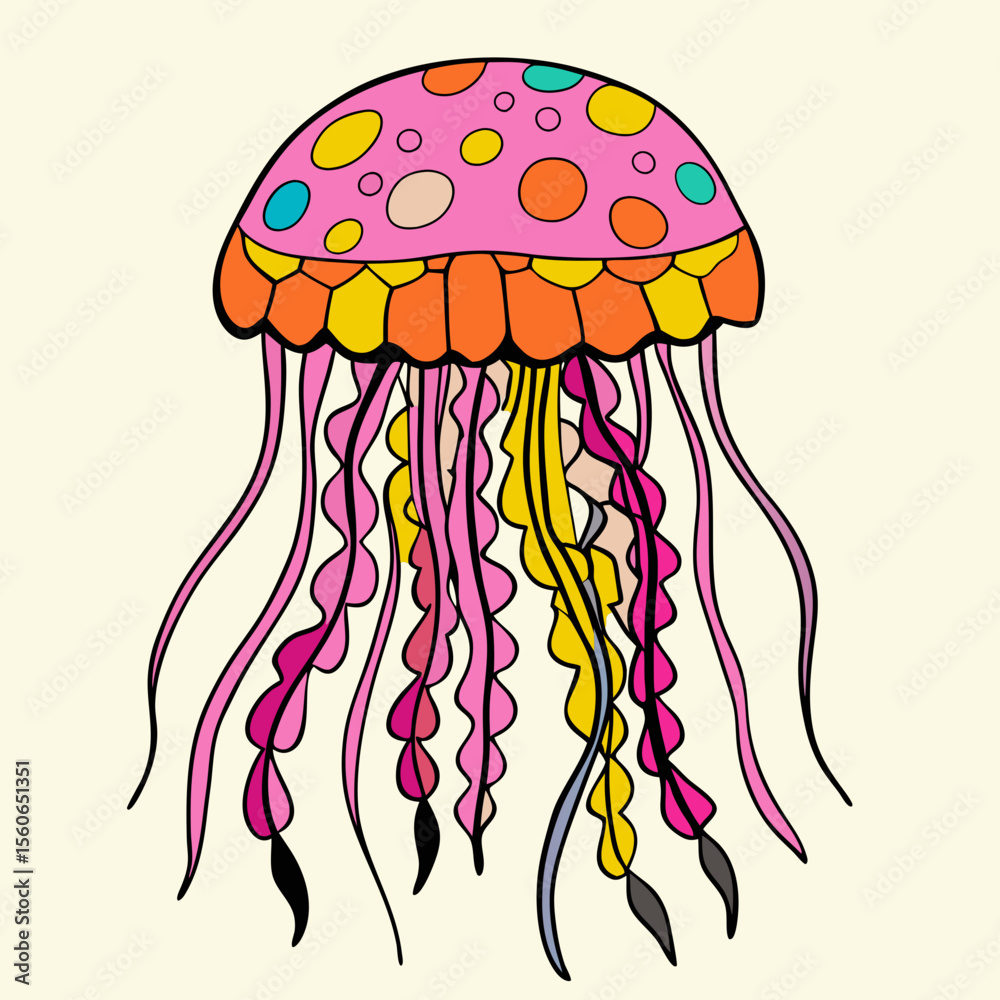 Fototapeta premium Colorful jellyfish illustration with yellow and pink tentacles 