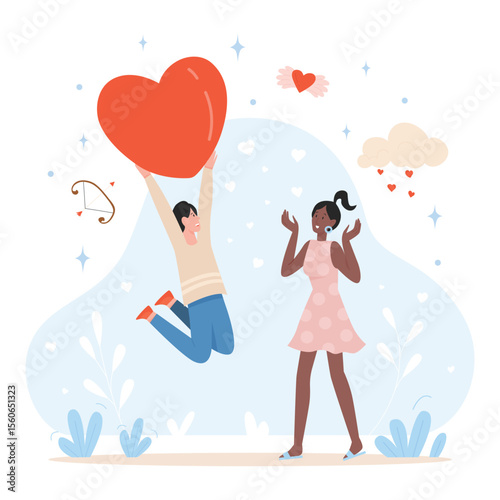 Excited young people holding a valentine day heart. Relationship love feeling and cuddles celebrating holiday flat vector illustration