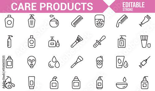 Set of icons representing a variety of beauty, hygiene, and skincare products for health and wellness.
