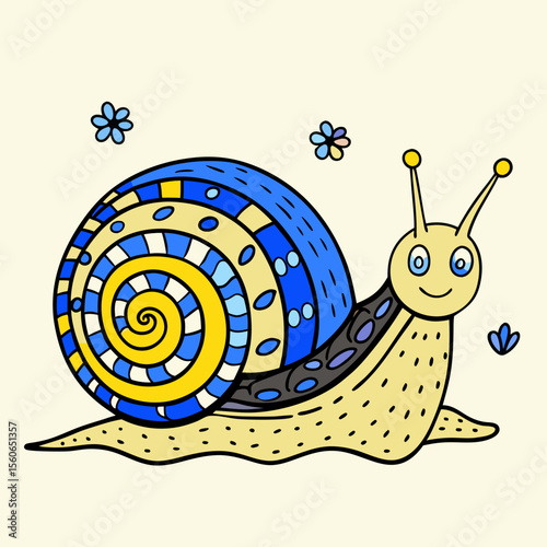 Cute snail with blue and yellow shell crawling on light background  