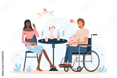 Disabled man celebrating valentine day with his african girlfriend. Romantic relationship and lovely adorable dating couple flat vector illustration