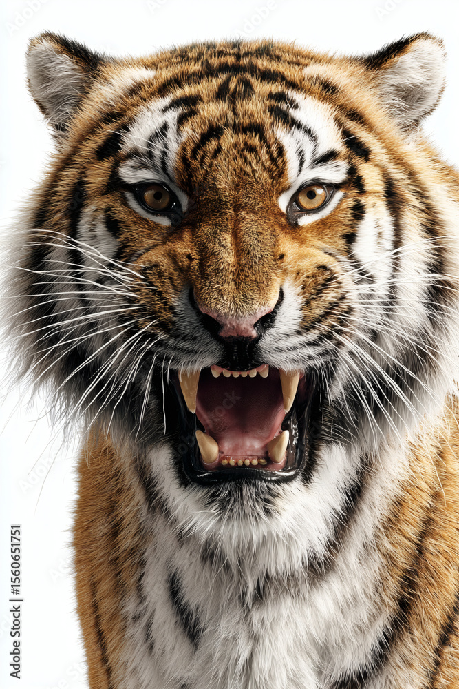 Close-up portrait of a majestic tiger roaring fiercely, showcasing its sharp teeth and powerful presence. Close-up portrait of a majestic tiger roaring fiercely, showcasing its sharp teeth and powerful presence.