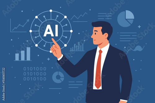 Artificial Intelligence concept. Businessman touching AI on a digital screen to analyze data. Machine learning, data science, big data, business analytics, and efficiency improvement.