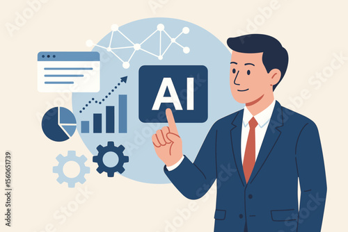Businessman touching AI interface for artificial intelligence and machine learning. Concept for big data analysis, data science, business growth, and work efficiency optimization.