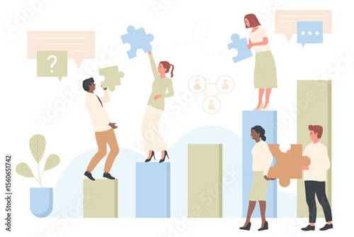 Tiny business people connecting puzzle pieces together vector illustration. Cartoon team of colleagues standing on growing chart graph of statistics presentation. Teamwork, financial growth concept