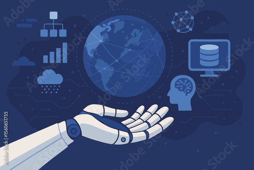 Artificial intelligence concept with a robot hand managing big data, global networks, and machine learning. Cloud computing, data science, and future business technology vector.