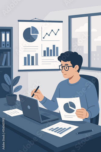 Businessman or analyst character working in office. Man analyzing data with laptop, charts and graphs. Financial report, business analytics, statistics, data visualization concept.