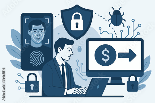 Cybersecurity concept with biometric identification. Face scan and fingerprint protect online banking and business transactions from cyber attack, fraud, and digital virus. Vector.