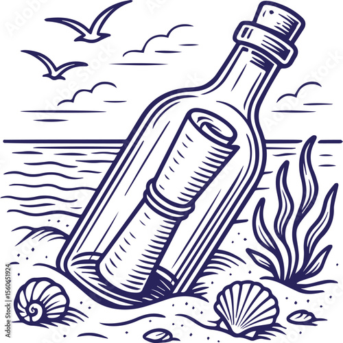 Message in a bottle on beach in vintage line art style