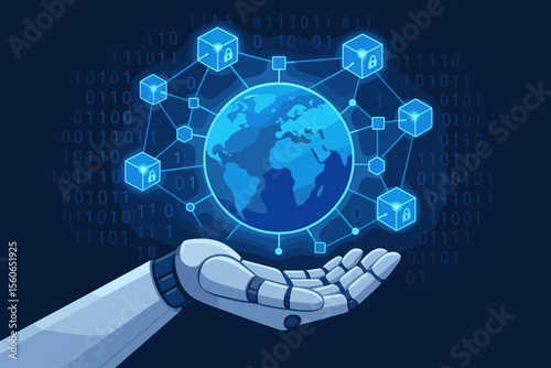 Robot hand holding planet Earth with glowing blockchain network. AI technology concept for global data security, cryptocurrency, and fintech. Decentralized encrypted system vector.