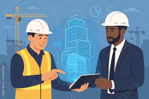 Diverse engineers, architects, and construction workers using AI technology and modern digital tablets for future building project analysis and innovation.