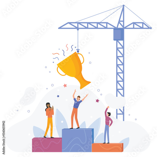 Business trophy, creative gold prize for work, goal achievement. Tiny people standing on winners podium, raising golden award cup with construction crane flat vector illustration. Success concept