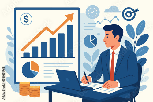 Businessman analyzing financial data for long term investment growth. Financial advisor planning company strategy with charts and graphs. Economic report, profit, success, and balance concept.