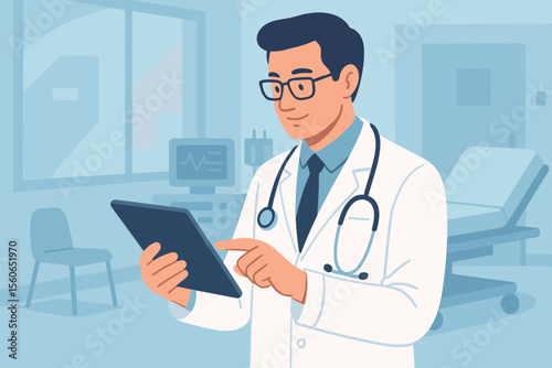 Male doctor in a hospital clinic room using a digital tablet for patient records. Healthcare professional with a stethoscope using modern technology. Telehealth, EMR, EHR concept vector.