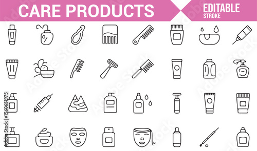 Simple icons illustrating different care products such as makeup, facial creams, and hygiene sprays.