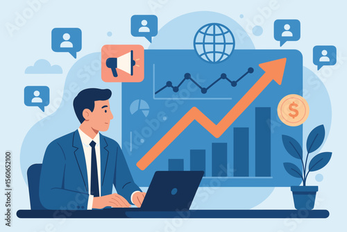 Businessman analyzing financial data on a dashboard for business growth. Marketing strategy, investment, and economic success concept. Manager at a desk monitoring performance charts.