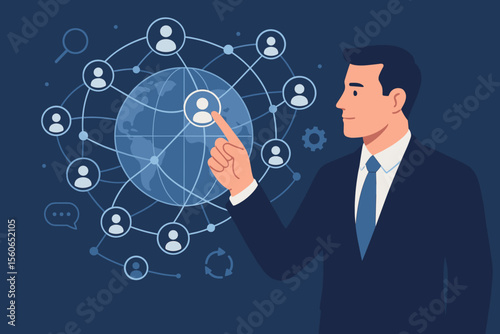 Global business connection and CRM concept. Businessman touching digital screen with customer data structure. Social network communication, human resources, and worldwide team management.