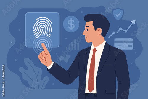 Businessman using fingerprint identification to access personal financial data on a virtual screen. Concept for E-kyc, biometrics security, fintech innovation and data protection.