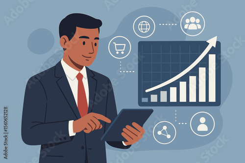 Businessman using a tablet for analyzing sales data, financial report, and economic growth graph. Concept of business strategy, technology, innovation, and global customer network.