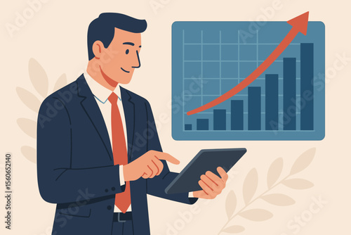 Businessman analyzing sales data and economic growth on tablet. Financial report with graph chart. Successful investment strategy and profit increase. Modern flat vector cartoon illustration.