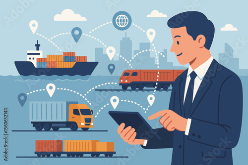 Businessman using tablet for smart logistics network and intelligent transportation management with cargo ship, container trucks, freight train, global distribution and supply chain concept
