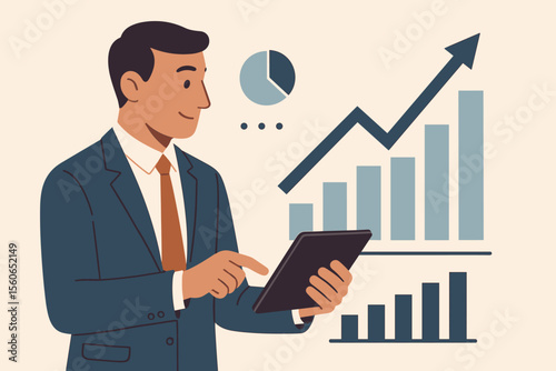 Businessman using a tablet for data analysis and checking an economic growth graph chart. Financial analyst studying investment statistics and sales report. Business success concept.