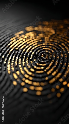 Close-up of a fingerprint with golden highlights, showcasing intricate ridges and patterns against a dark background.