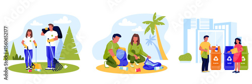 Vector illustration of volunteers clean plastic waste in park, beach, city. Eco concept of recycling, environmental care