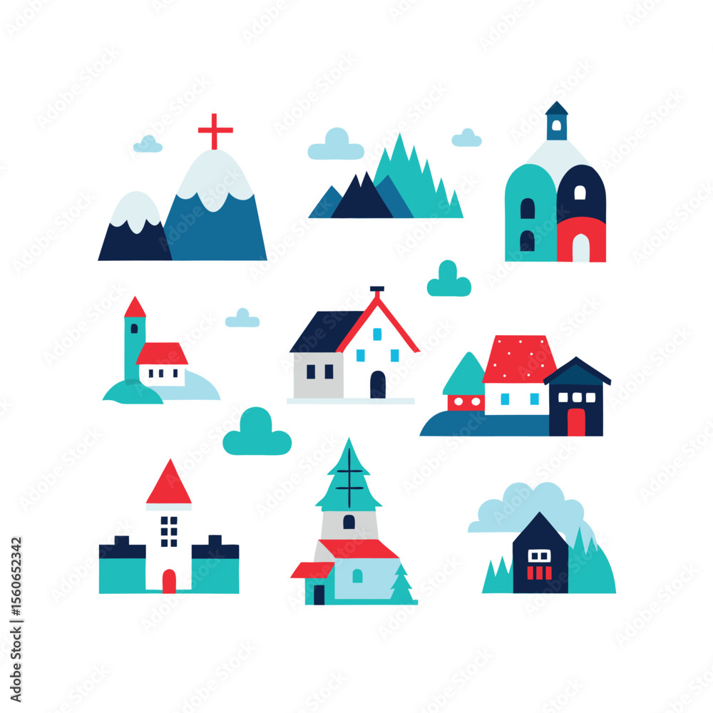 Obraz premium Sixteen Scandinavian Village Illustrations Houses Nature and Cozy Details