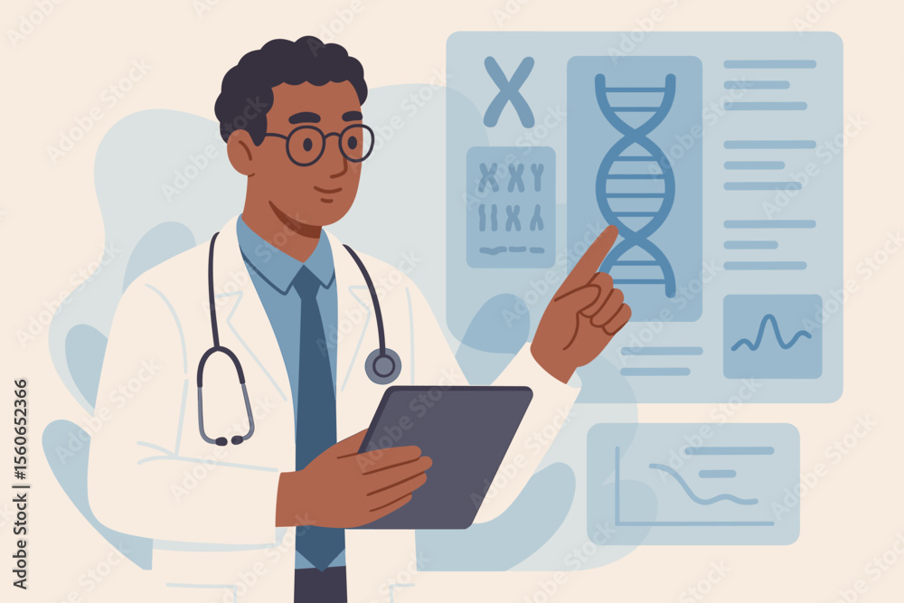 Medical doctor analyzing human DNA and chromosome data on digital tablet. Genetic research, biotechnology, genome sequencing, healthcare technology, virtual interface. Flat vector illustration. Medical doctor analyzing human DNA and chromosome data on digital tablet. Genetic research, biotechnology, genome sequencing, healthcare technology, virtual interface. Flat vector illustration.