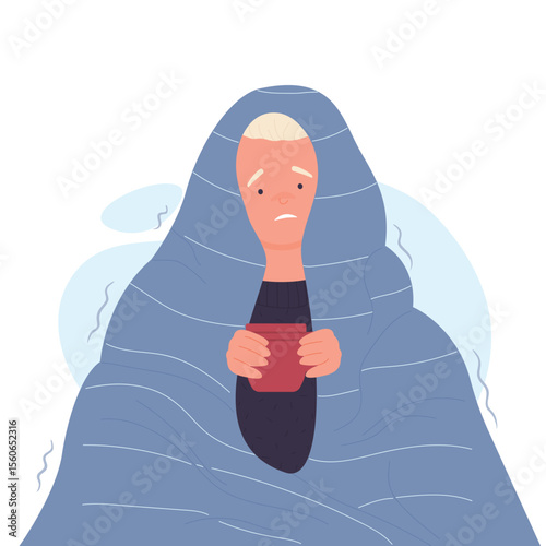 Boy under blanket having shiver. Sick shivering young boy with cup of hot drink flat cartoon vector illustration