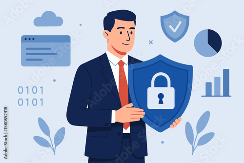 Cyber security concept. Businessman holds shield with padlock. Data protection, information privacy, network safety. Financial security, secure cloud computing, antivirus. Vector.