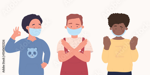 Boys wearing mask in right and wrong way. How to wear mask correct, children demonstration flat cartoon vector illustration