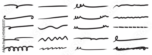 hand drawn highlighting elements black marker strokes isolated white background vector illustration.