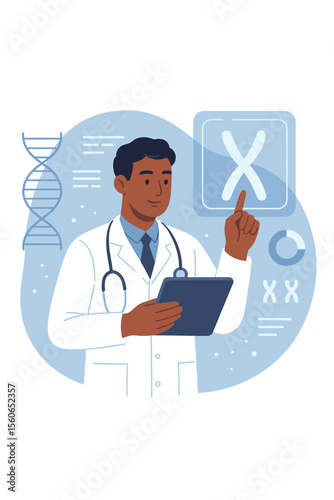 Medical doctor analyzing human chromosome and DNA structure on digital tablet, genetic research, biotechnology, genome sequencing, virtual interface, scientific innovation, healthcare technology