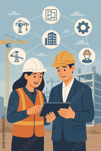 Engineers and Architects Collaborating on Construction Project with Digital Tablet, Innovation Technology, Building Site, Crane, Blueprint, Gear, Teamwork, Virtual Network Icons