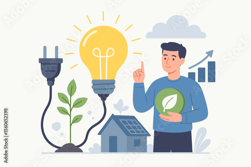 Eco Friendly Energy Saving Concept Illustration. Renewable Electricity, Solar Power, Green Technology, Sustainable Innovation, Growth, Environmental Conservation, Clean Energy Solutions