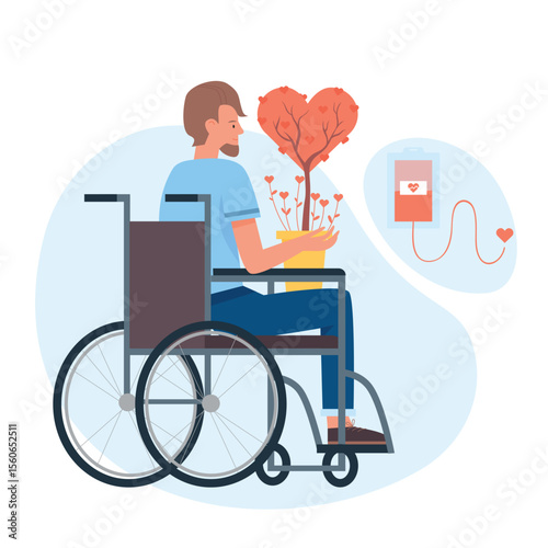 Supporting and raising charity to people with physical disability. Person using wheelchair holding warm and generous donation flat vector illustration