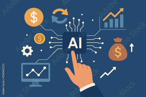 Artificial Intelligence in Financial Technology Concept, Hand Touching AI Interface for Banking, Currency Exchange, Stock Market Trading, Investment, Data Analysis, Digital Money, Fintech Innovation