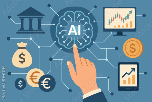 Hand Touching AI Brain Network Connecting Banking, Financial Technology, Currency Exchange, Stock Market Trading, Investment, Digital Banking, Fintech Innovation, Artificial Intelligence Concept