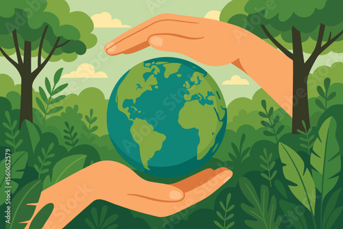 Hands Protecting Earth Globe in Lush Tropical Green Forest Background, Environmental Conservation, Earth Day Concept, Ecology and Nature Protection, Modern Flat Vector Illustration