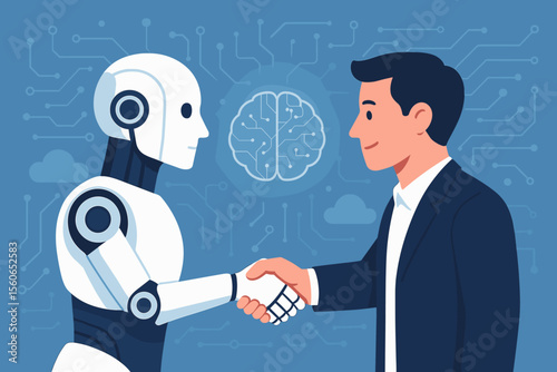 Human and Robot Handshake Symbolizing Artificial Intelligence Collaboration, Machine Learning Partnership, Business Teamwork, Digital Transformation, Data Science, Technology Integration Concept