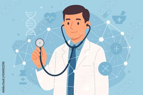 Medical doctor holding stethoscope with healthcare network, DNA helix, medical technology icons, professional physician research, innovation in medicine, digital health service, science background