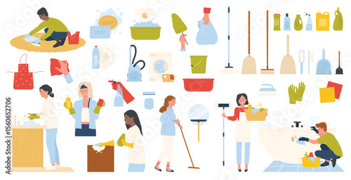 Cleaning service set with equipment and working people in apron and gloves. Cartoon collection for domestic housework, sponge and soap with detergent, maid tools isolated on white. Cleanliness concept
