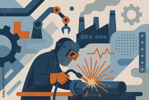 Industrial Welding Worker Abstract Vector Illustration. Factory Manufacturing, Robotics, Automation, Sparks, Safety Gear, Modern Industry Background, Flat Design, Engineering, Technology Concept