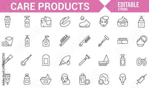 Line art icons for beauty products, including lotions, shampoos, creams, and hygiene essentials.