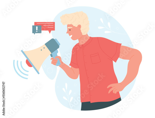 Communication male manager speaking with loudspeaker. Public relation message consultant flat vector illustration
